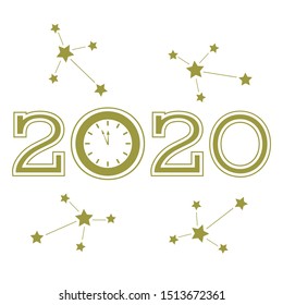 Happy new year. Merry Christmas. Vector illustration with 2020 year numbers, clock and constellations. New year, festive background. Design for postcard, banner, print.