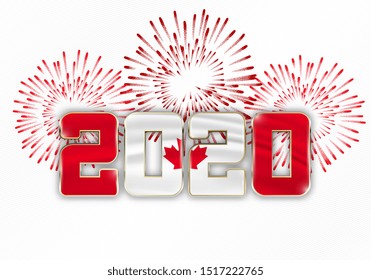 Happy New Year and Merry Christmas. 2020 New Year background with national flag of Canada and fireworks. Vector illustration.