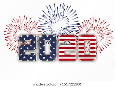 Happy New Year and Merry Christmas. 2020 New Year background with national flag of USA and fireworks. Vector illustration.