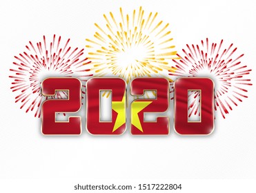 Happy New Year and Merry Christmas. 2020 New Year background with national flag of Vietnam and fireworks. Vector illustration.