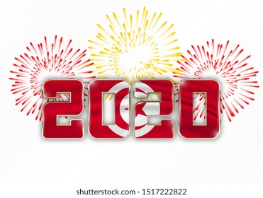Happy New Year and Merry Christmas. 2020 New Year background with national flag of Tunisia and fireworks. Vector illustration.