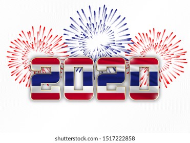 Happy New Year and Merry Christmas. 2020 New Year background with national flag of Thailand and fireworks. Vector illustration.