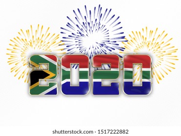 Happy New Year and Merry Christmas. 2020 New Year background with national flag of South Africa and fireworks. Vector illustration.