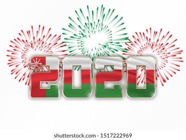 Happy New Year and Merry Christmas. 2020 New Year background with national flag of Oman and fireworks. Vector illustration.