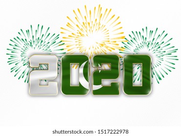 Happy New Year and Merry Christmas. 2020 New Year background with national flag of Pakistan and fireworks. Vector illustration.