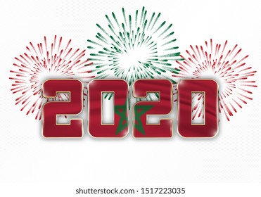 Happy New Year and Merry Christmas. 2020 New Year background with national flag of Morocco and fireworks. Vector illustration.