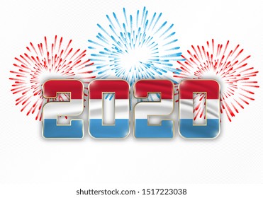Happy New Year and Merry Christmas. 2020 New Year background with national flag of Luxembourg and fireworks. Vector illustration.