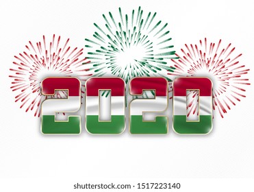 Happy New Year and Merry Christmas. 2020 New Year background with national flag of Hungary and fireworks. Vector illustration.