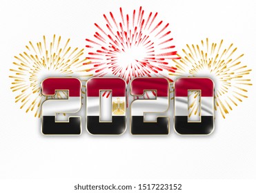 Happy New Year and Merry Christmas. 2020 New Year background with national flag of Egypt and fireworks. Vector illustration.