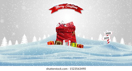 Happy New Year and Merry Christmas. Christmas red bag with gifts from Santa Claus. Winter background layout. Vector illustration.