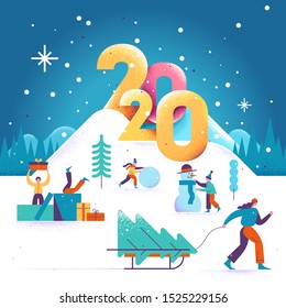 Happy New Year and Merry Christmas greeting card 2020 with winter outdoor leisure activities. People walking in the winter park. Kids making a snowman. Vector illustration.