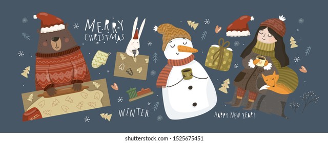 Happy New Year and Merry Christmas! Vector illustrations for the holiday: cute animals, snowman, snow maiden, Santa Claus, bear bakes Christmas gingerbread cookies, hare, gift. Set of objects