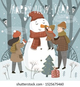 Happy New Year and Merry Christmas! Cute vector illustration of a family in the forest on the nature before the holiday. Mother, father and baby sculpt a snowman. Winter drawing for card, poster