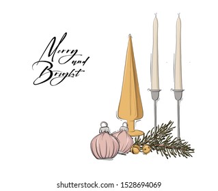 Happy New Year and Merry Christmas greeting card with hand-drawn  candles, gold Christmas tree and jingle bells, pink baubles. Happy holidays card, pine tree branch, winter  illustration