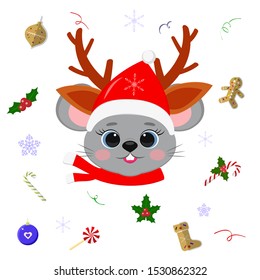 Happy New Year and Merry Christmas. Cute mouse or rat with blue eyes in a Santa hat and deer horns, scarf. Christmas elements. Year of the rat. Cartoon, flat style, vector.