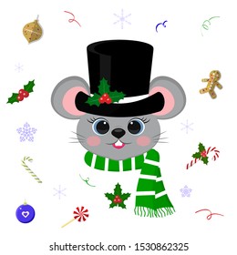 Happy New Year and Merry Christmas. Cute mice or rats with blue eyes in a black snowman hat and scarf. Christmas elements. Year of the rat. Cartoon, flat style, vector.