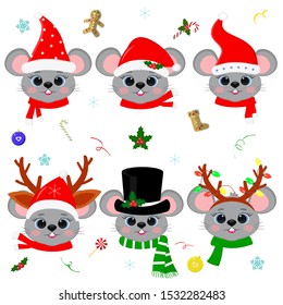 Happy New Year and Merry Christmas. Set of six cute mouse rats with blue eyes in a different hat and scarf for Santa Claus, snowman, deer. Year of the rat. Cartoon, flat style, vector.
