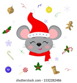 Happy New Year and Merry Christmas. Cute mouse or rat with closed eyes in a Santa hat and scarf. Christmas elements. Year of the rat. Cartoon, flat style, vector.