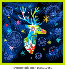 Happy New Year, Merry Christmas, Noel colorful greeting banner. Christmas tree branches decoration ball snowflakes frost stars deer head ornament pattern. Hand drawn vector illustration.