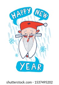 Happy New Year! Merry Christmas, image of Santa Claus with a mustache and beard. Color illustration. Isolated vector. Can be used for packaging, postcards, posters, wallpapers, t-shirts.