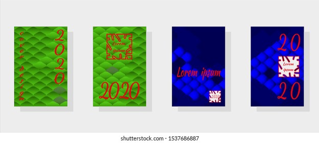Happy New Year, Merry Christmas on  Japanese pattern, multi-colored fish scales of koi carp. Poster with trendy modern design template for covers, cards. Vector illustration.