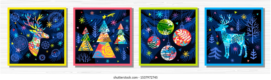 Happy New Year, Merry Christmas, Noel colorful greeting banner. Christmas tree branches decoration ball snowflakes frost stars deer ornament pattern. Hand drawn vector illustration.