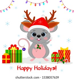 Happy New Year and Merry Christmas. Cute mouse, rat in a Santa hat and deer horns, holds a lollipop. Year of the Rat 2020. Cartoon, flat style, vector.