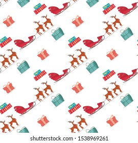 Happy New Year, Merry Christmas Seamless Pattern. Santa Claus Sleigh Pulled by Deers and Wrapped Gift Boxes on White Background. Fabric, Print, Wrapping Paper Design Cartoon Flat Vector Illustration