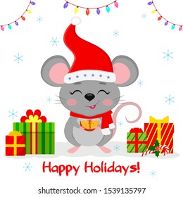 Happy New Year and Merry Christmas. Cute mouse, rat with eyes closed in a hat and a Santa scarf, holds a piece of cheese with a ribbon. Year of the Rat 2020. Cartoon, flat style, vector.