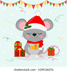 Happy New Year and Merry Christmas. Cute mouse, rat with eyes closed in a hat and a Santa scarf, holds a piece of cheese with a ribbon. Year of the Rat 2020. Cartoon, flat style, vector.