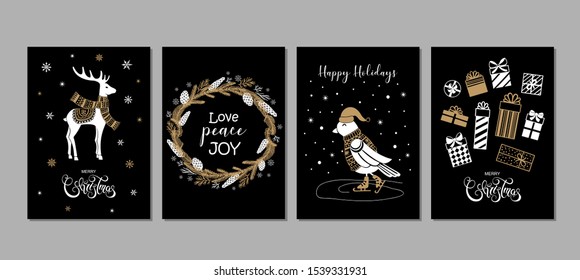 Happy New Year, Merry Christmas greeting cards set with bird, deer, gift boxes, fir tree wreath, calligraphy. Vector illustration.