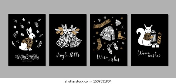 Happy New Year, Merry Christmas greeting cards set with rabbit, jingle bells, clothes and squirrel. Vector illustration.