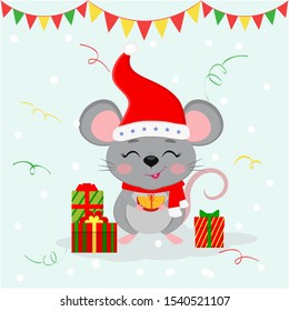 Happy New Year and Merry Christmas. Cute mouse, rat with eyes closed in a hat and a Santa scarf, holds a piece of cheese with a ribbon. Year of the Rat 2020. Cartoon, flat style, vector.