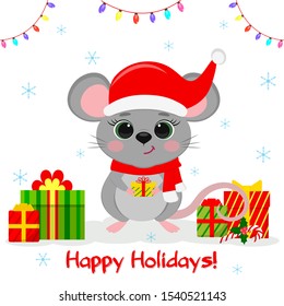 Happy New Year and Merry Christmas. Cute mouse, a rat with green eyes in a Santa hat and scarf, holds a box with a gift. Year of the Rat 2020. Cartoon, flat style, vector.