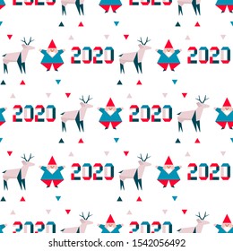 Happy new year, Merry Christmas. Vector seamless pattern with origami number 2020, Santa Claus, deer. Design for packaging paper, fabric, print.