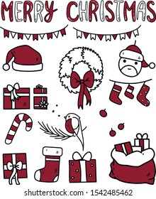 Happy New Year and Merry Christmas vector line icons set. Hand drawn font, wreath, cane, ornament, Santa hat, gifts. Flat style on white background. For web design, mobile app, festive decoration.