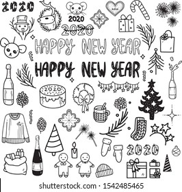 Happy New Year and Merry Christmas vector line icons set. Hand drawn font, ornament, stars, Christmas tree, gifts. Flat style on white background. For web design, mobile app, festive decoration.