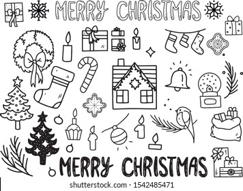 Happy New Year and Merry Christmas vector line icons set. Wreath, Christmas tree, sock, cane, house. Flat style on white background. For web design, mobile app, festive decoration.