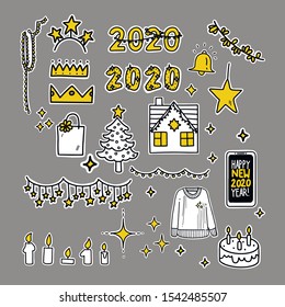 Happy New Year and Merry Christmas vector line icons set. Stars, house, garlands. Flat style. For web design, mobile app, festive decoration.