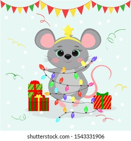 Happy New Year and Merry Christmas. Cute mouse, a rat in a star rim holds a garland for the Christmas tree. Year of the Rat 2020. Cartoon, flat style, vector
