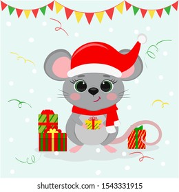 Happy New Year and Merry Christmas. Cute mouse, a rat with green eyes in a New Year s hat and scarf, holds a box with a gift. Year of the Rat 2020. Cartoon, flat style, vector