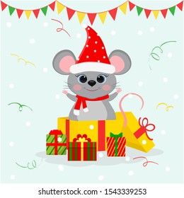 Happy New Year and Merry Christmas. A cute mouse, a rat in a Santa Claus hat and scarf, stands in a gift box and holds his paws up. Year of the rat. Cartoon, flat style, vector.