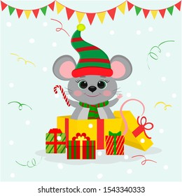 Happy New Year and Merry Christmas. A cute mouse, a rat in a hat and an elf scarf, stands in a gift box and holds a candy lollipop. Year of the rat. Cartoon, flat style, vector