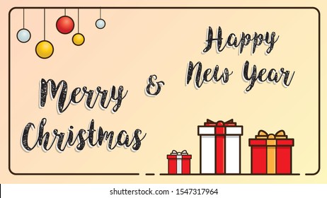 Happy New Year & Merry Christmas card gift box flat design