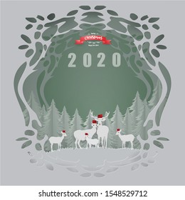 Happy new year and Merry Christmas card design with deer family live in forest on text 2020 in winter season,paper craft style vector and illustration