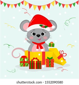 Happy New Year and Merry Christmas. A cute mouse, a rat in a Santa hat and scarf, stands in a gift box and holds a gift. Year of the rat. Cartoon, flat style, vector.