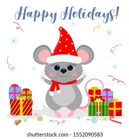 Happy New Year and Merry Christmas. A cute mouse, a rat in a Santa hat and scarf, stands with raised legs. Year of the Rat 2020. Cartoon, flat style, vector.