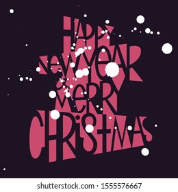 Happy New Year and Merry Christmas lettering with snow for card, poster or banner. Pink and gray 