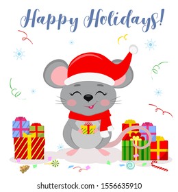 Happy New Year and Merry Christmas. Cute mouse, rat with closed eyes in a hat and a Santa scarf, holds a box with a gift. Year of the Rat 2020. Cartoon, flat style, vector.