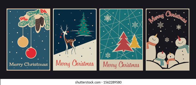 Happy New Year and Merry Christmas Greeting Cards, Mid Century Modern Art Stylization, Vintage Colors and Shapes, Reindeer, Snowmen, Christmas Trees and Decorations